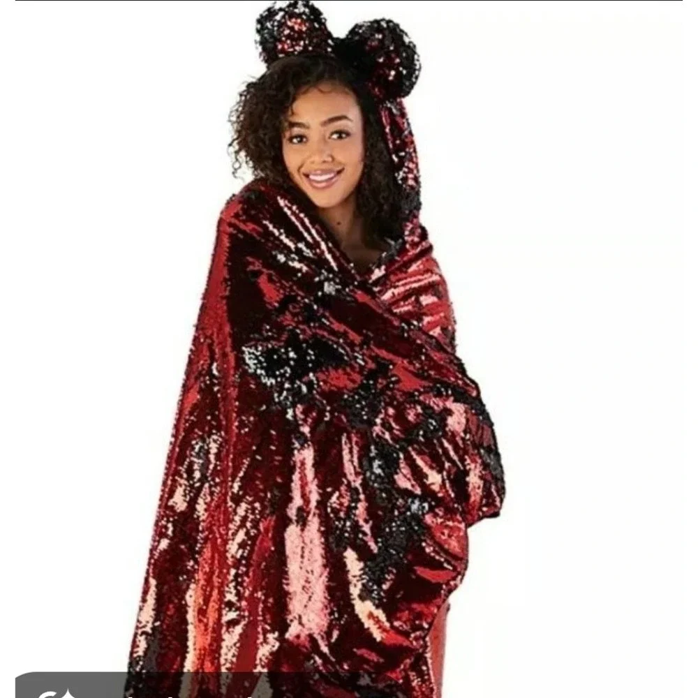 Disney Store Minnie Mouse Reversible Sequin Hooded Throw Blanket Red Black 40x70